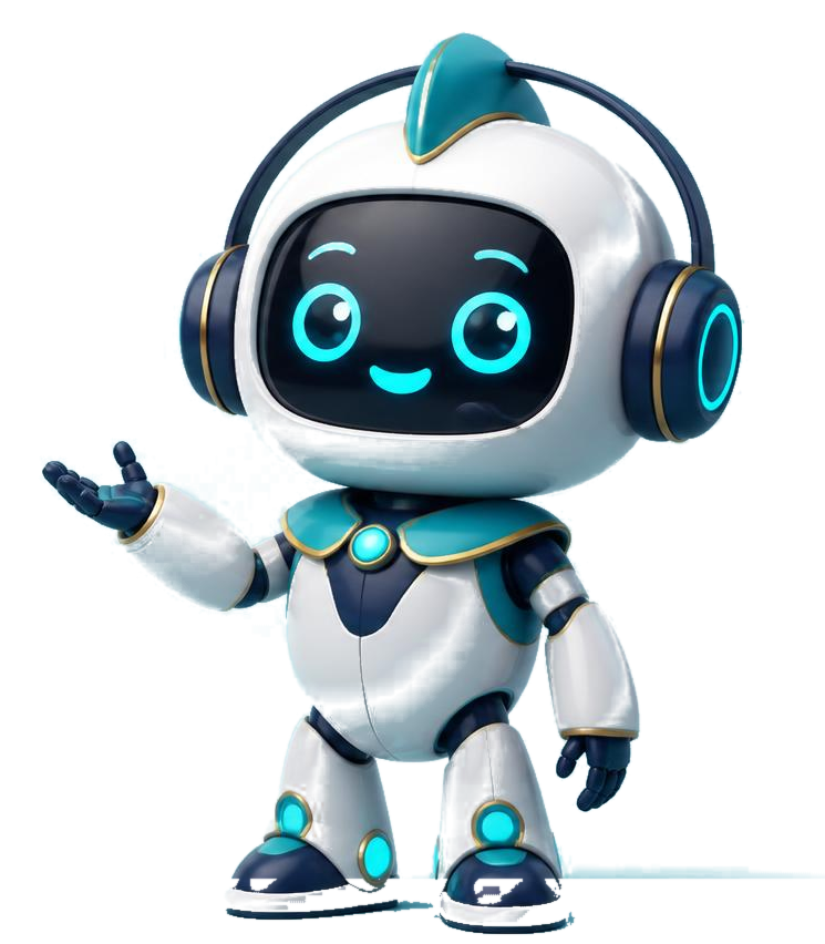 A friendly white and teal robot mascot waving